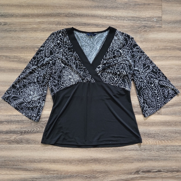 Black and White Women's Babydoll Top Size Large Kimono Sleeves Asian Print Y2K - Picture 2 of 11